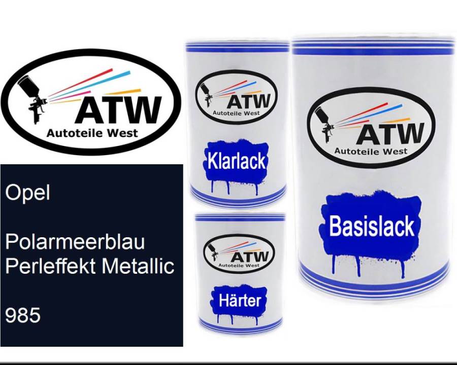 Opel, Polarmeerblau Perleffekt Metallic, 985: 500ml Lackdose + 500ml Klarlack + 250ml Härter - Set, von ATW Autoteile West.